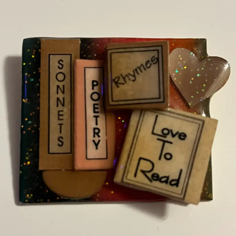 Vintage LUCINDA Book Pin – Sonnets Poetry Rhymes Stack Heart Glitter Accent 2" W