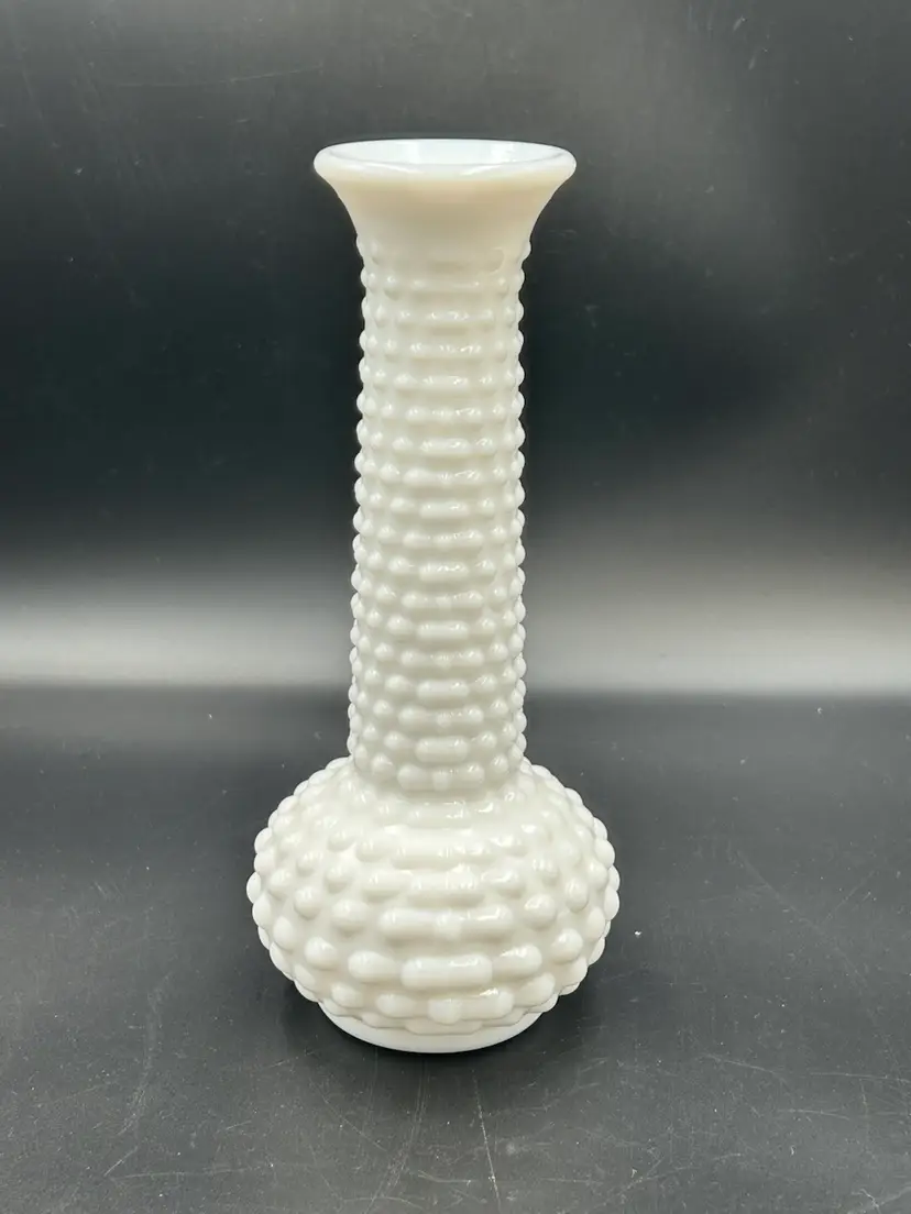 Vintage MCM EO Brody Co Milk Glass Hobnail Bulbous Bud Vase 7.5”