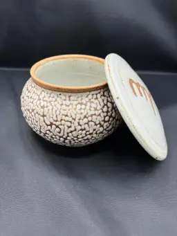 Fat Lava Glaze Tea Caddy Art Pottery Mid Century Style Hand Thrown Bowl Artisan Signed MCM Style Pottery MCM Style Tea Caddy Artisan Made
