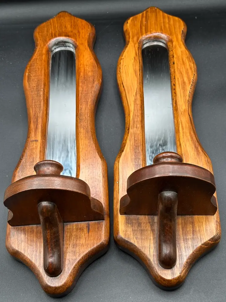 Cornwall Vintage Pair Wood Candle and Mirror Sconces