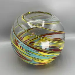 Hand Blown Art Glass Colorful Spherical Vase -Primary Color Swirl