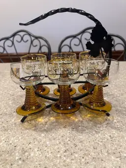 6 German Bockling Roemer Goblet Wine Glass set with Amber Stem Gold Rim Grape Leaves and a carrier