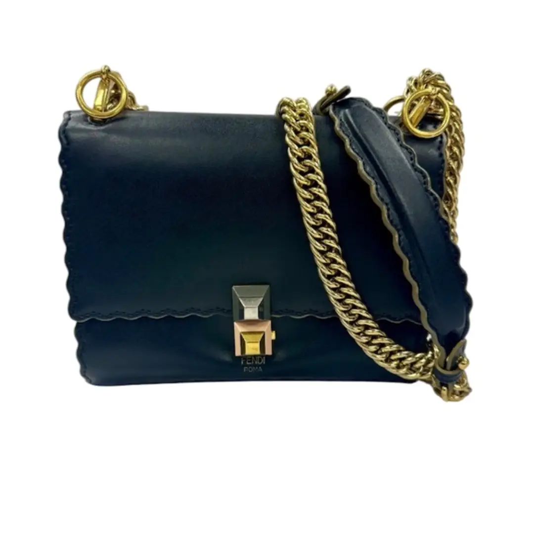 Fendi Small Kan I Scalloped Black Leather Bag