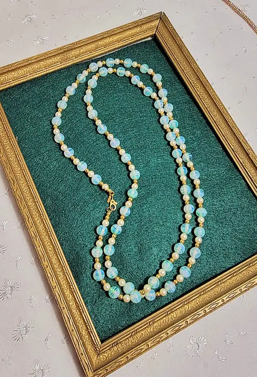 Vintage Monet bluish iridescent white swirl glass beaded necklace with small gold and pearl accent beads