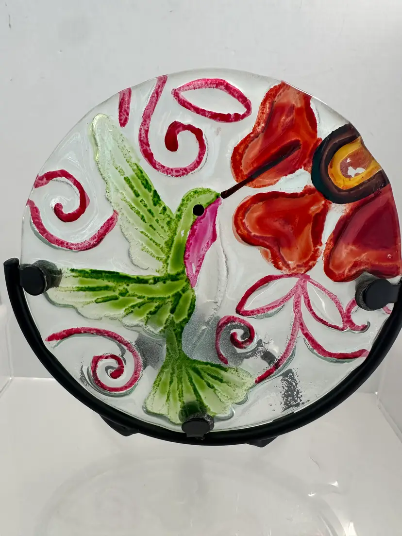 Hummingbird Glass Tea Light Reverise Painted Metal Holder 5" Round