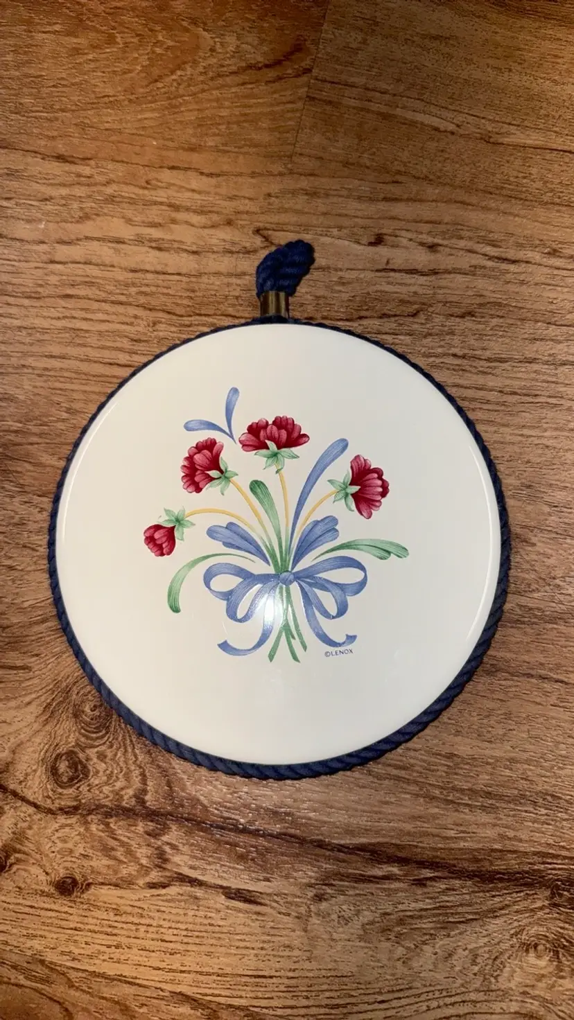 Lenox Poppies on Blue Trivet Wall Plaque Hot Pad with Cork Back and Brocade Trim