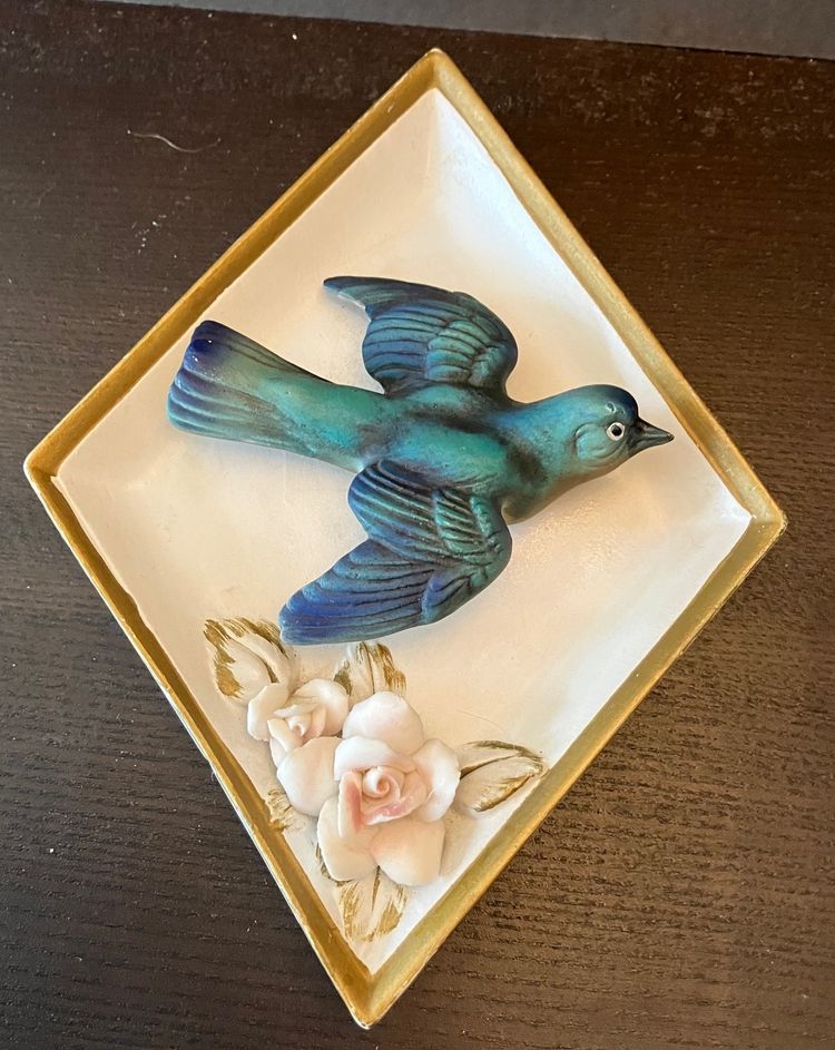 VTG Lefton Wall Hanging Blue Bird on Plate with Flowers #2889