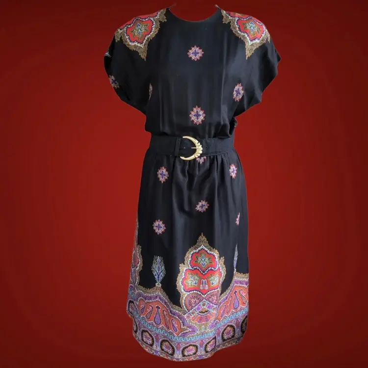 70s Liz Claiborne Black Bright Pavlovo Paisley Print Vintage Belted Dress SZ 10