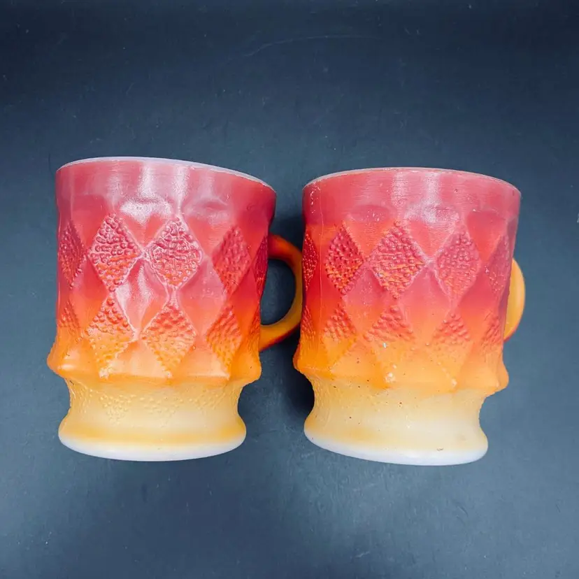 Vintage Fire King Anchor Hocking Coffee Mug Orange Kimberly Pattern Lot of 2