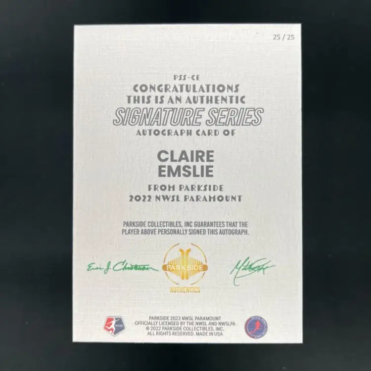 Claire Emslie 2022 Parkside Paramount NWSL Autograph /25 Soccer Card