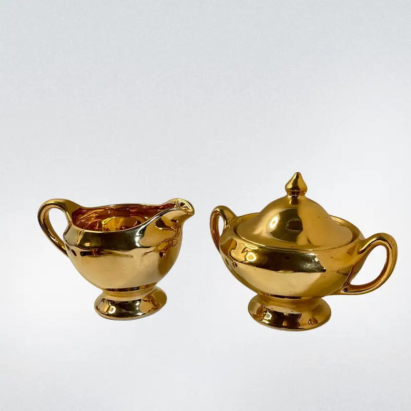 Sugar Bowl with Lid & Creamer Gold Plated China Made In USA