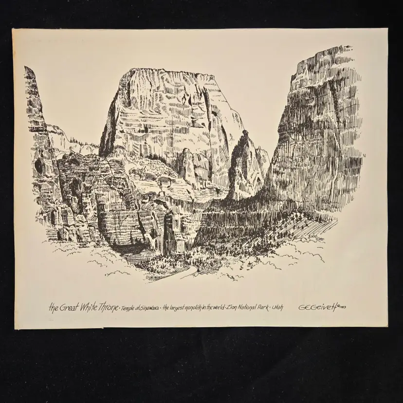 Pen Ink Drawing by GE Geivett "The Great White Throne" - Zion National Park UT 1983