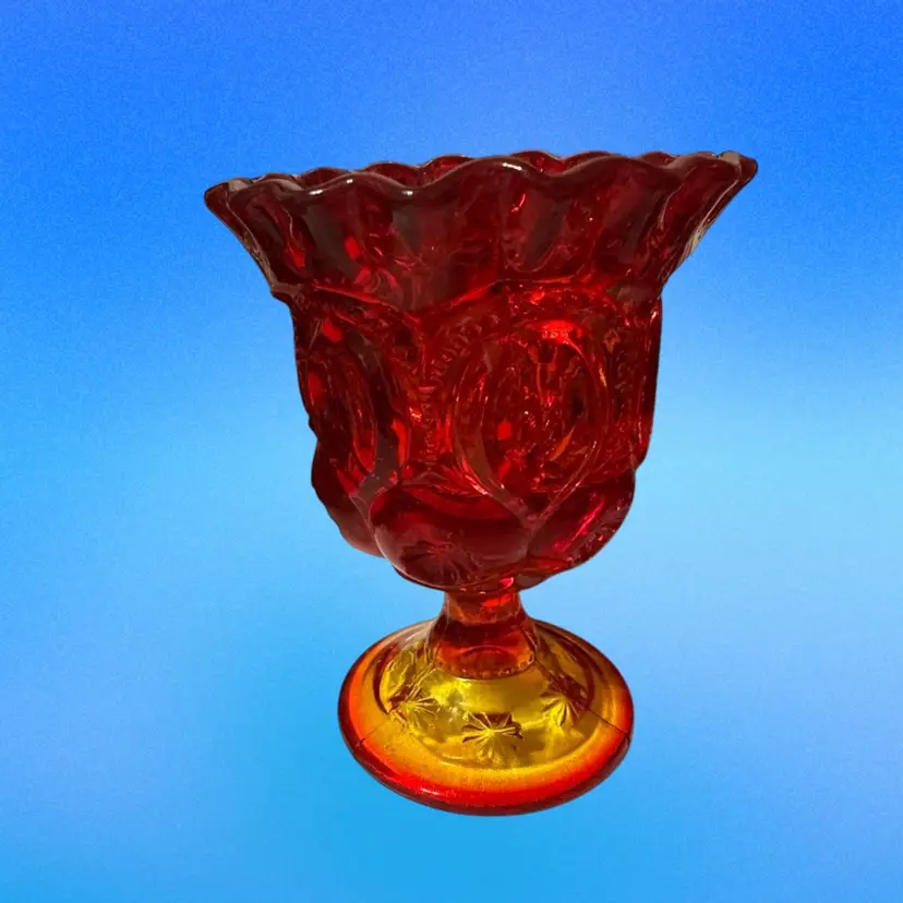 Vintage L.E. Smith Moon and Stars Amberina ruffled pedestal compote or candy dish