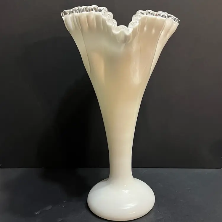 Fenton Milk Glass Silver Crest Ruffled Edge Large Vintage Vase ~12.5” x 8.75” x 7.25”
