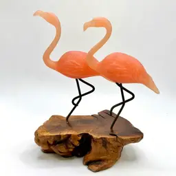 John Perry 2 Flamingoes On Wood Statue Signed 6x6”