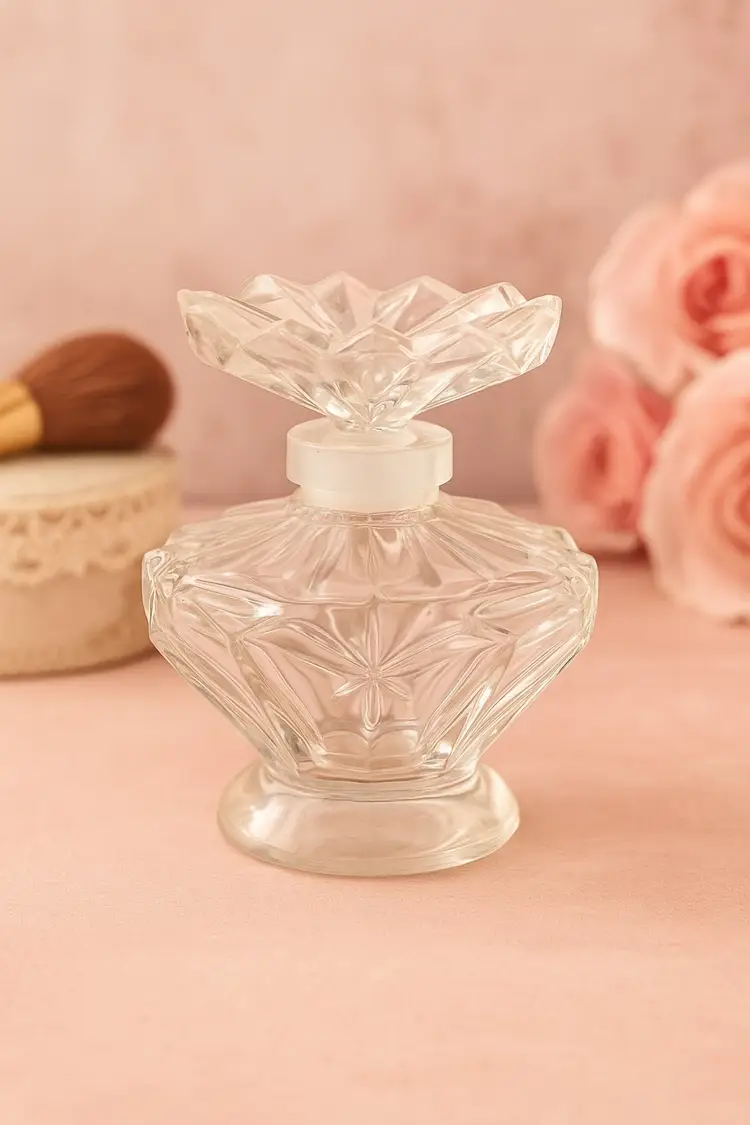 Vintage Cut-Glass Perfume Bottle with Petal Stopper – 1950s Vanity Decor