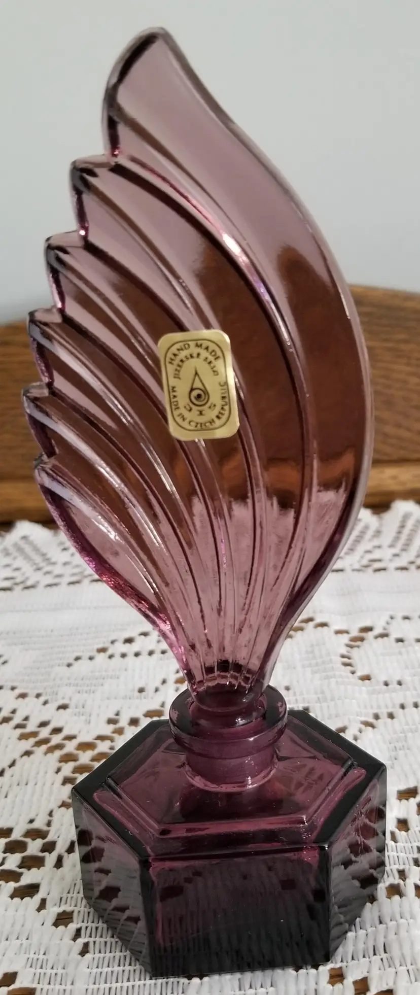 #47 Vintage Jizerske Sklo Czech Republic Amethyst Glass Fan Perfume Bottle