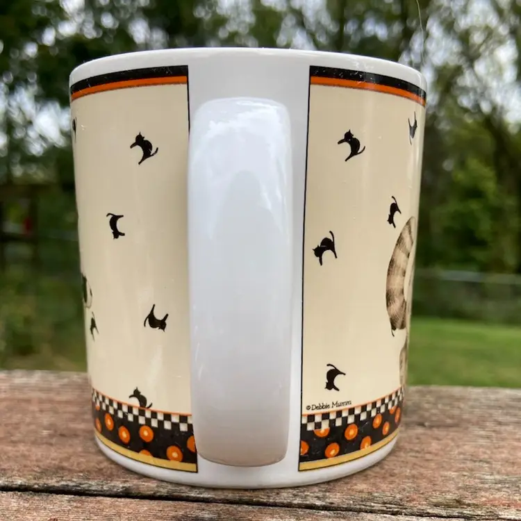 Debbie Mumm, Owl Collection, Sakura Mug - Masked Raccoon, Jack-o’-lantern, Crow, Black Cats, Candy, Halloween. Copyright 2000. 10 Ounces.