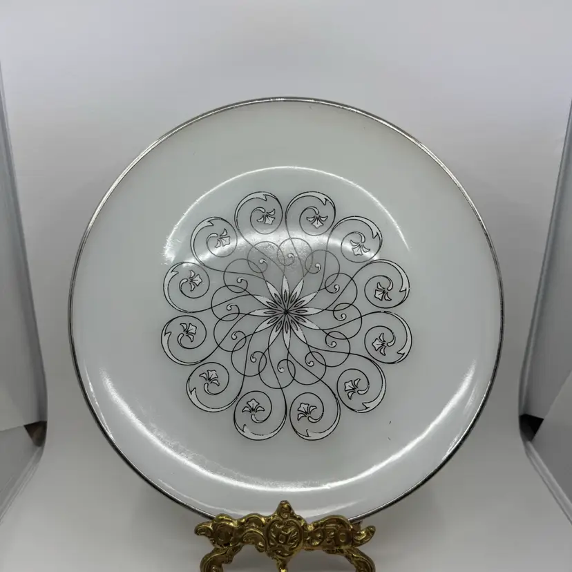 Anchor Hocking milk glass plate with black Suburbia/Vienna Lace pattern, Circa 1960’s