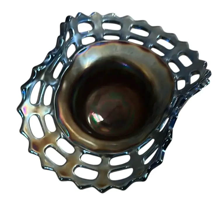 vintage Cobalt Oil Slick Fenton carnival glass basketweave bowl w/ open lace edge, Blue color