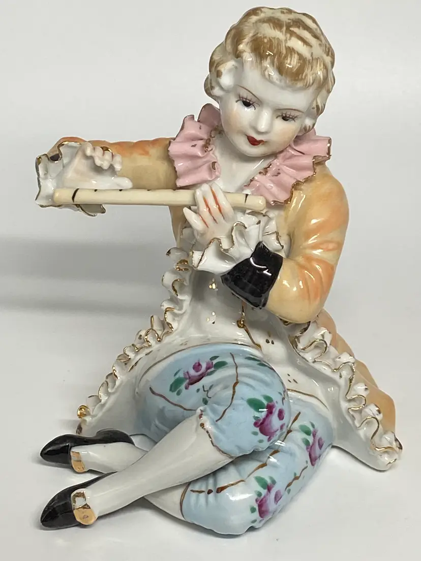 Vtg Victorian Porcelain Figurine of Boy Playing a Flute, 5" Tall