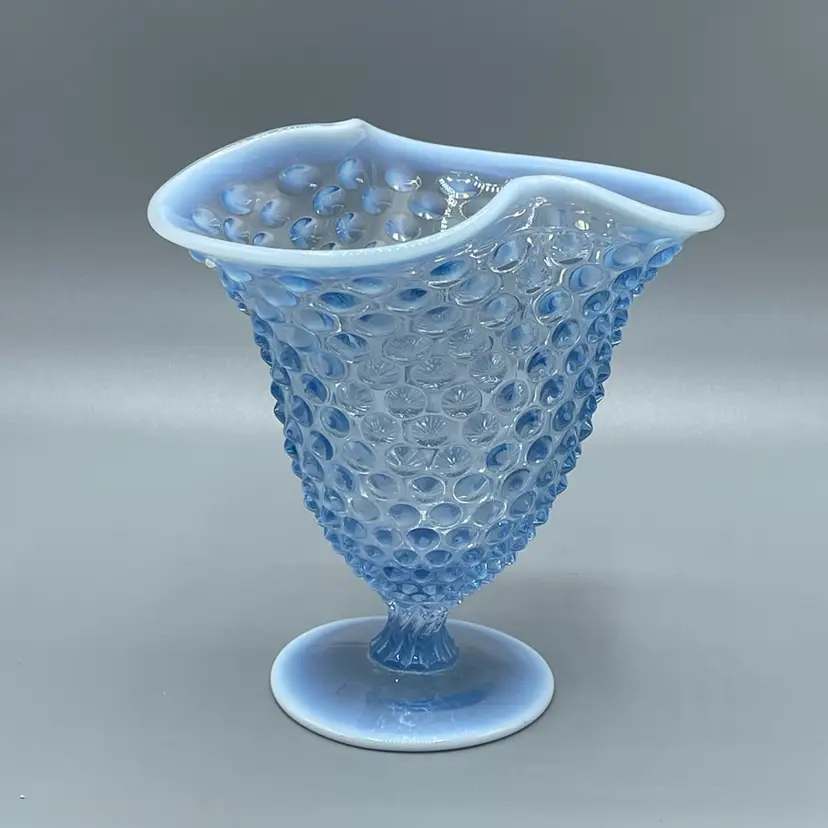 Duncan Miller Glass Blue Opalescent Hobnail Pinched Pedestal Vase