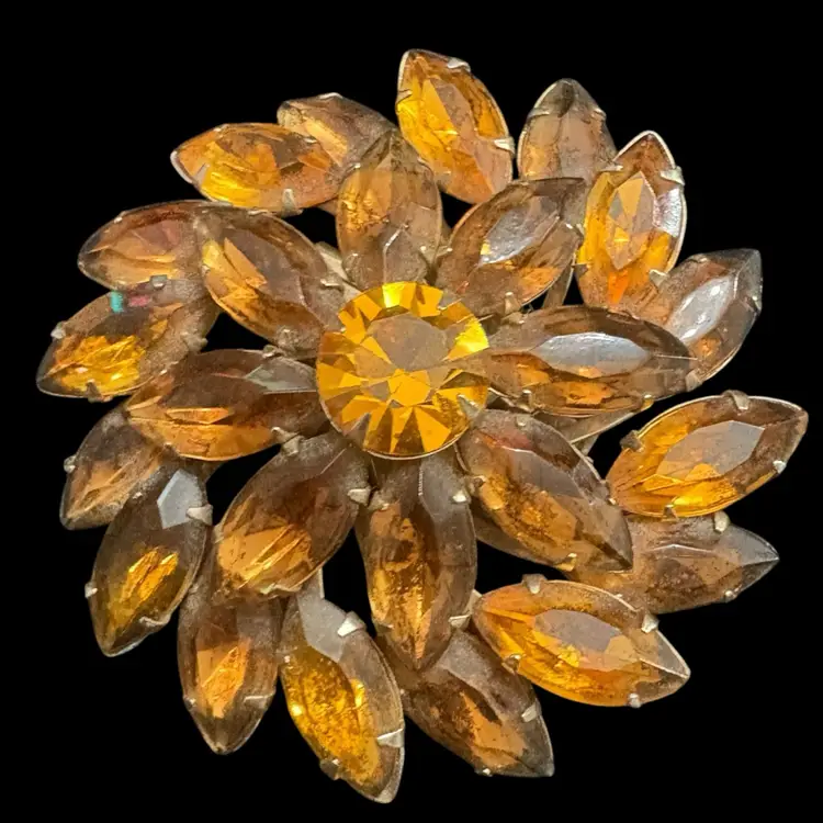 Vintage Amber Topaz Colored Glass Brooch And Clip-on Earrings