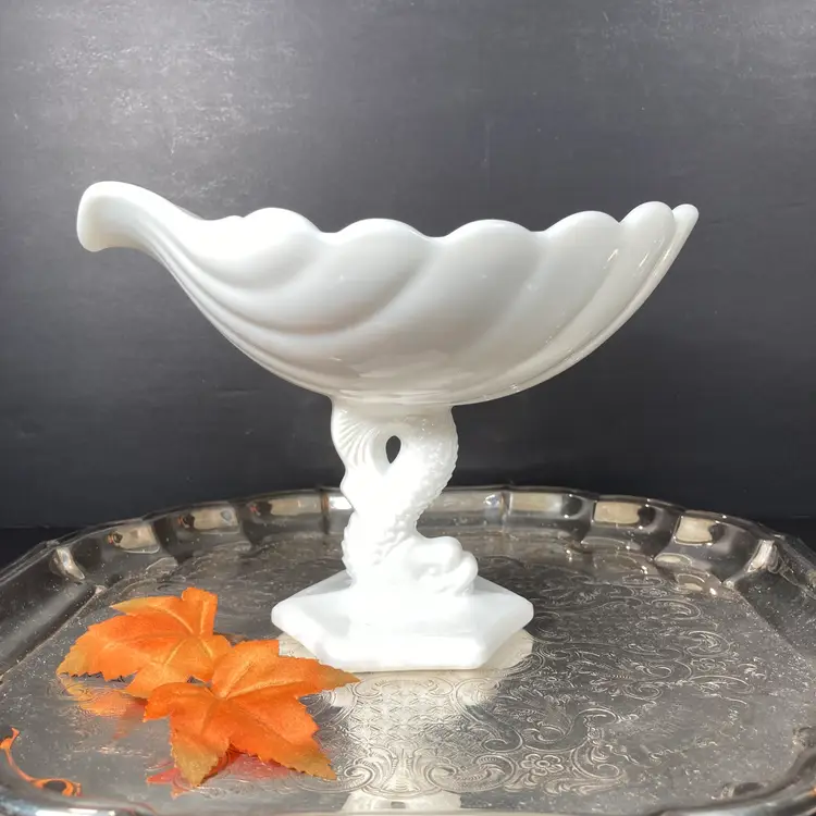 Vintage 1950s Milk Glass Shell & Dolphin Compote by Westmoreland Art Glass