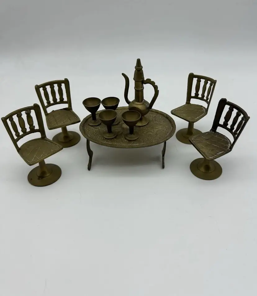 Vintage Brass Miniature Dollhouse Furniture 10 Pieces Table, Chairs, Goblets