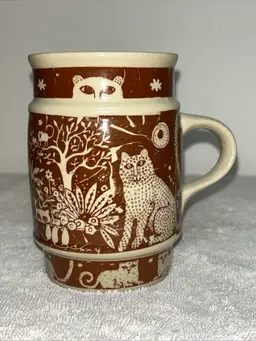 Vtg Taylor & Ng Coffee Mug Garden of Eden Cat/Lion Brown Stackable Barrel Shape