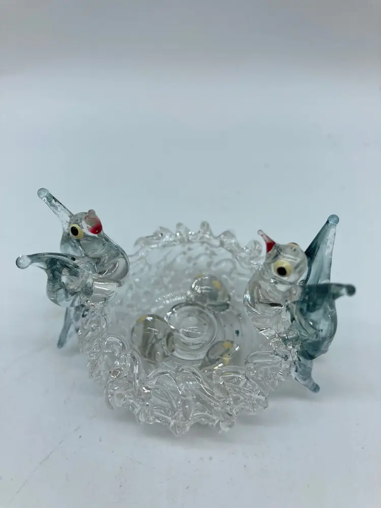 Cute Basket weave Lattice work, small Glass Dish with 2 blue birds and eggs in nest