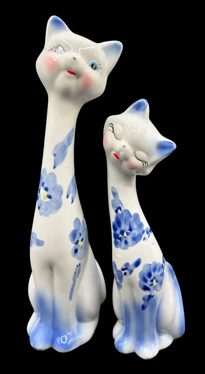 Set of 2 Porcelain Ceramic Long Neck Cat Figurines Blue White Floral Kitten 12”