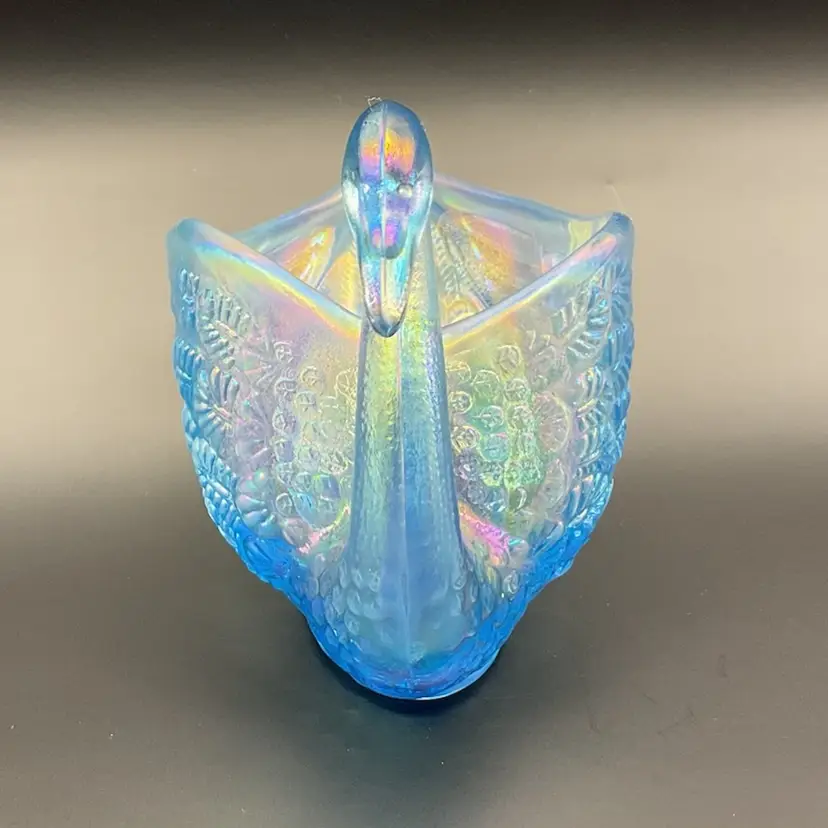 Fenton Blue Iridescent Rainbow Swan Bird Candy Nut Trinket Dish 1990’s 4In Tall