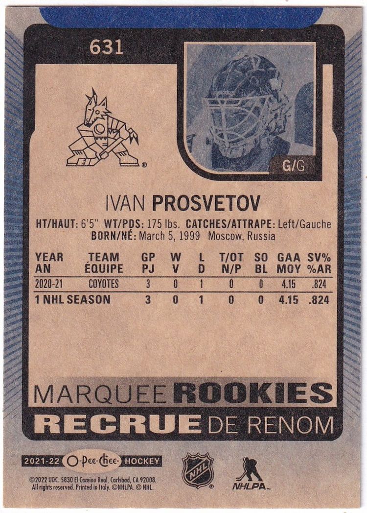 2021-22 O-Pee-Chee Blue #631 Ivan Prosvetov Arizona Coyotes Hockey Card