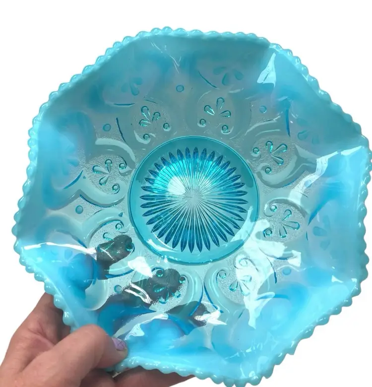 Antique 1900s Northwood blue/aqua opalescent ruffled bowl 
