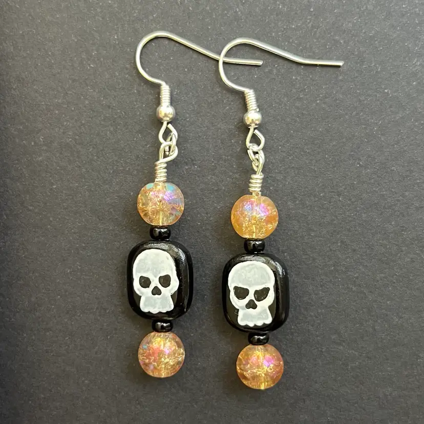 Handmade By Me- Halloween Skull Glass Bead Dangle Earrings, Hand Drawn Glass Beads, Nickel Free