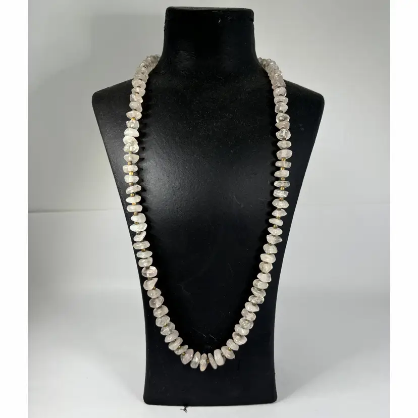 Rock Crystal Brass Bead Necklace Natural Quartz Chunky Boho Vintage 28”