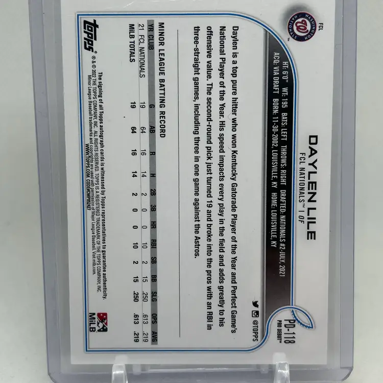 Daylen Lile 2022 Topps Pro Debut Auto Washington Nationals