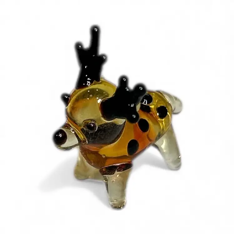 Mini Handblown Art Glass Reindeer Figurine With Christmas Stocking