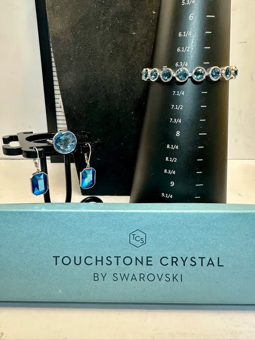 Touchtone Crystal by Swarovski Ice Blue Bracelet, Earrings & Ring Sz 5  Rhodium Plated Set