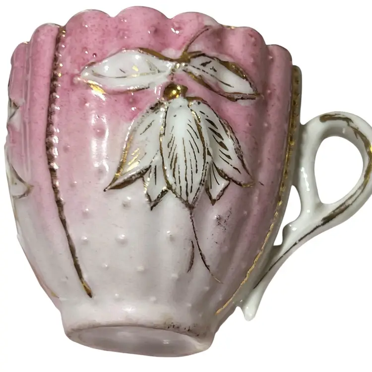 #01 020 Vintage Pink And Gold Demitasse Cup Scalloped Edge, Germany, 2" X 3"