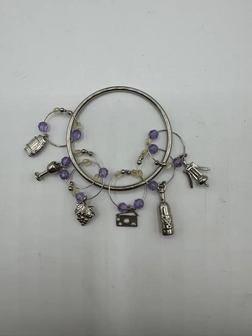 Set Of 6 Silver Tone Wine Charms With Purple & Clear Beads
