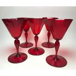 Five Vintage Signed Steuben Selenium Red Octagonal Trumpet Wine Goblets Art Deco