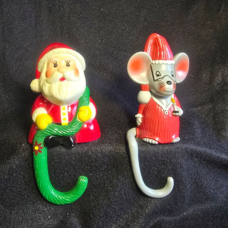Vintage 1982 Sun Hill Christmas Stocking Holders – Santa Claus & Mouse with Candle – Set of 2