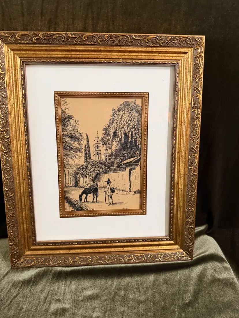 Vintage ink drawing of a Pastoral scene Of a Man and a Donkey.  Signed by “King Richards”. 1 Of 2 Pieces from same artist.