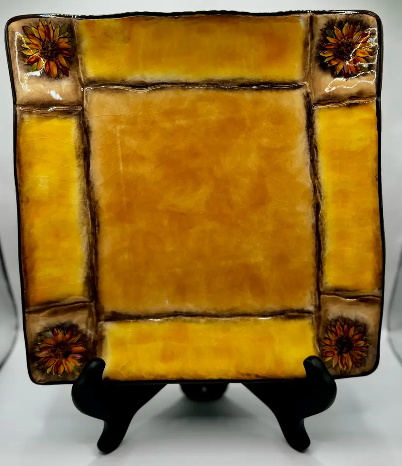 Vintage 2007 Tuscan Sunflower Ceramic Square Dinner Plate, Rustic Kitchen Decor, Discounted 2013, By Clay Art, Made In China, MPN 309740, Pattern Code CYYTUS