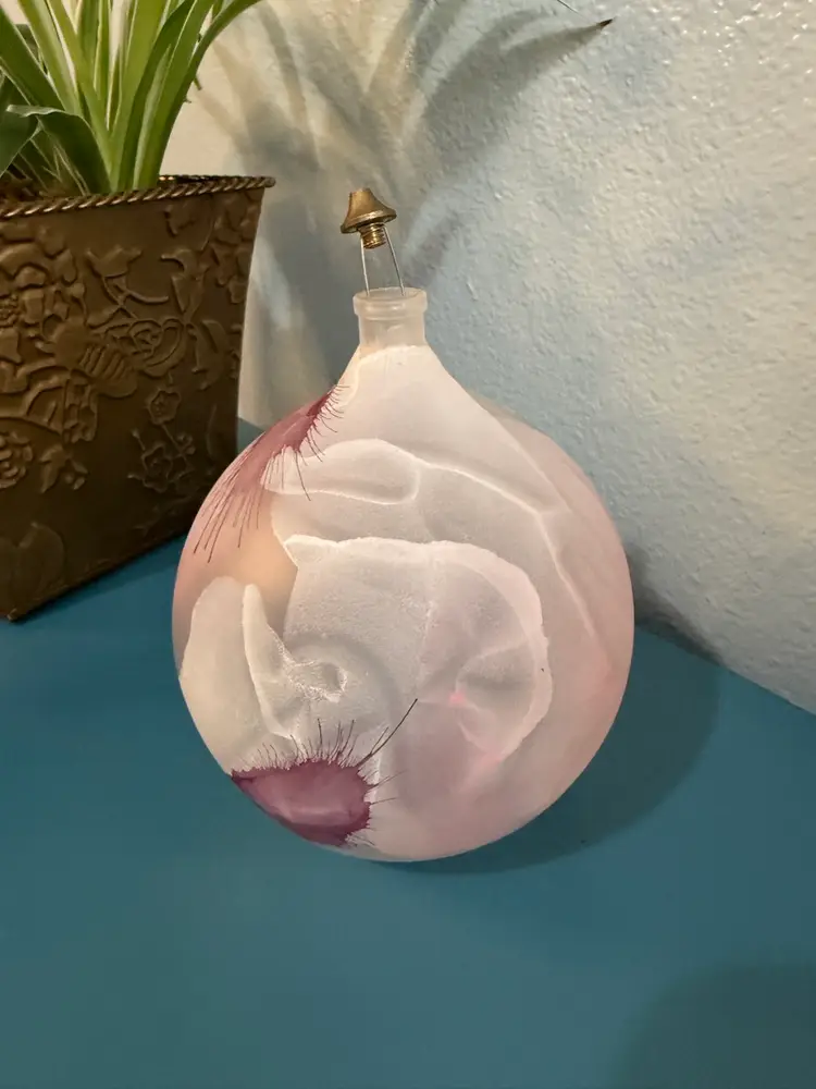 Akcam Vintage Handblown Art Glass Oil Lamp or Vase, Pink & White Swirl, Made in Turkey