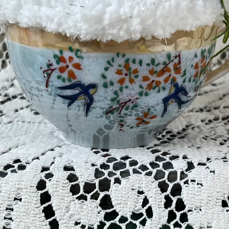 004 Vintage Blue Luster, Teacup Easter/Spring Assemblage 6" X 6"