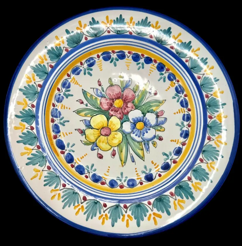 Signed SE BT Hand Painted Plate Floral Blue Yellow Pink Green Wall Hanging 9.5”