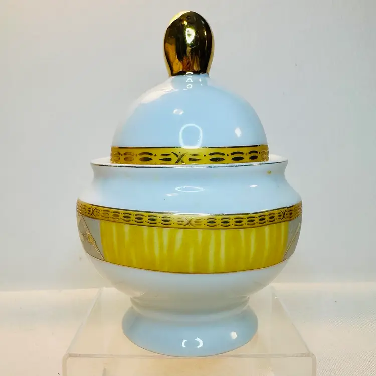 Vintage Art Deco Sugar Bowl w/ Lid Fine Bone China Gold Trim Floral Peach Japan